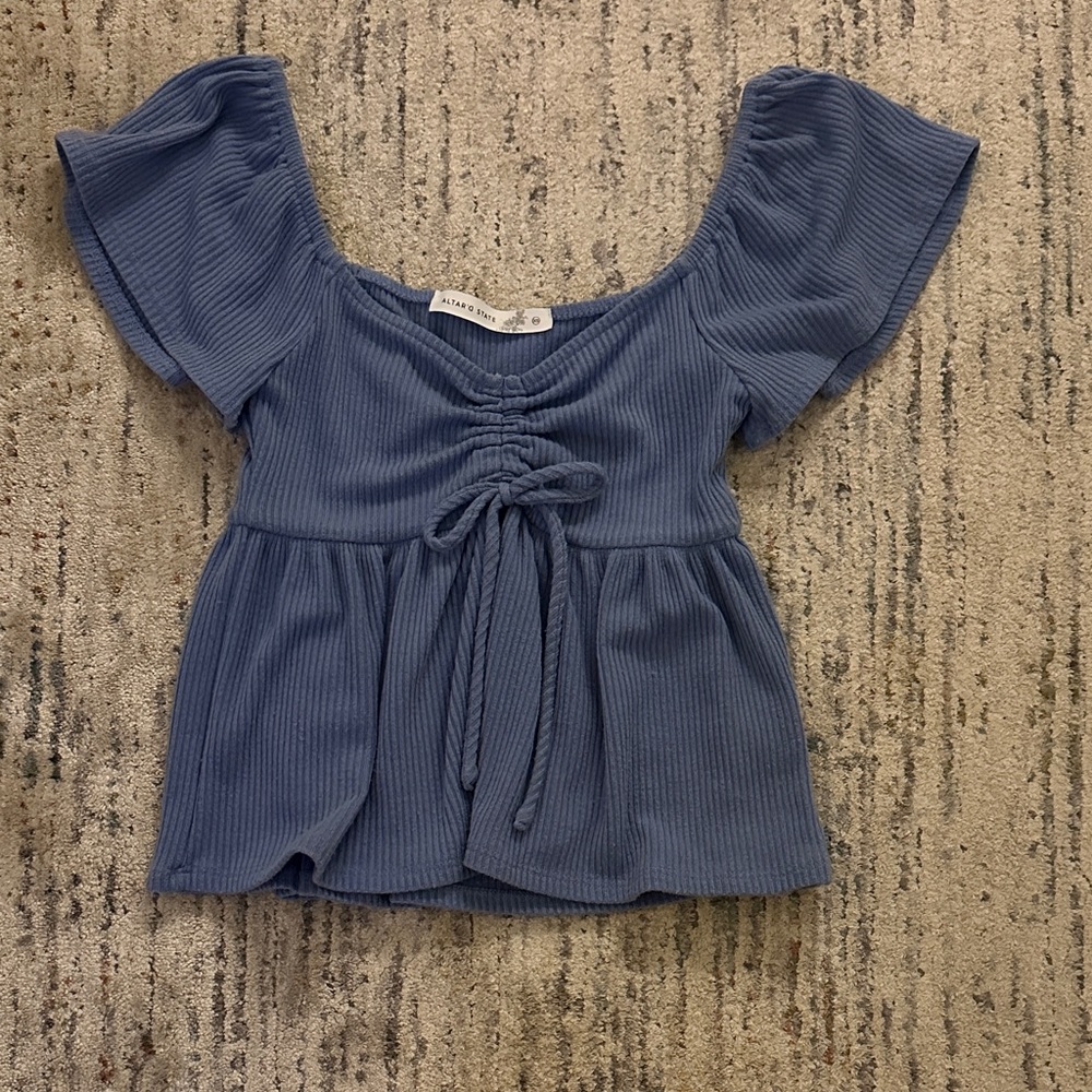 Altar'd State Blue Ribbed Smocked Peplum Top